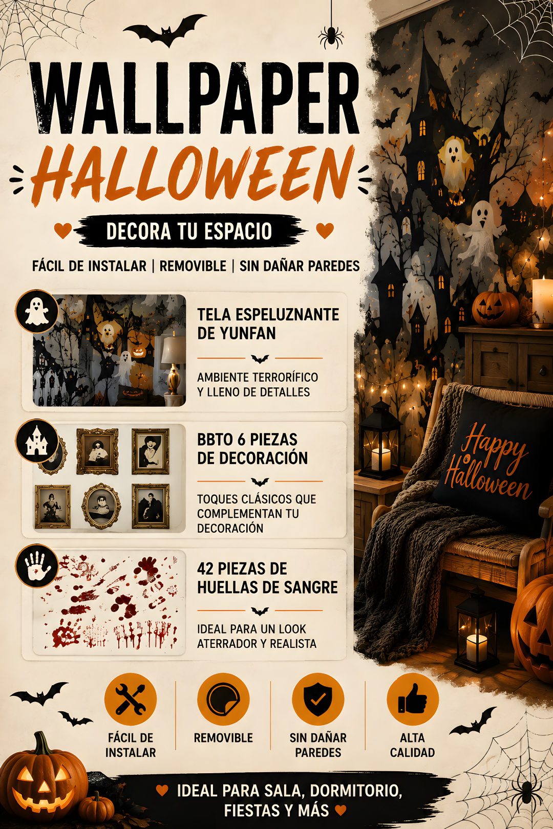 a poster for a halloween party with pumpkins and bats on the wall, in spanish How To Decorate With Halloween rosy brown