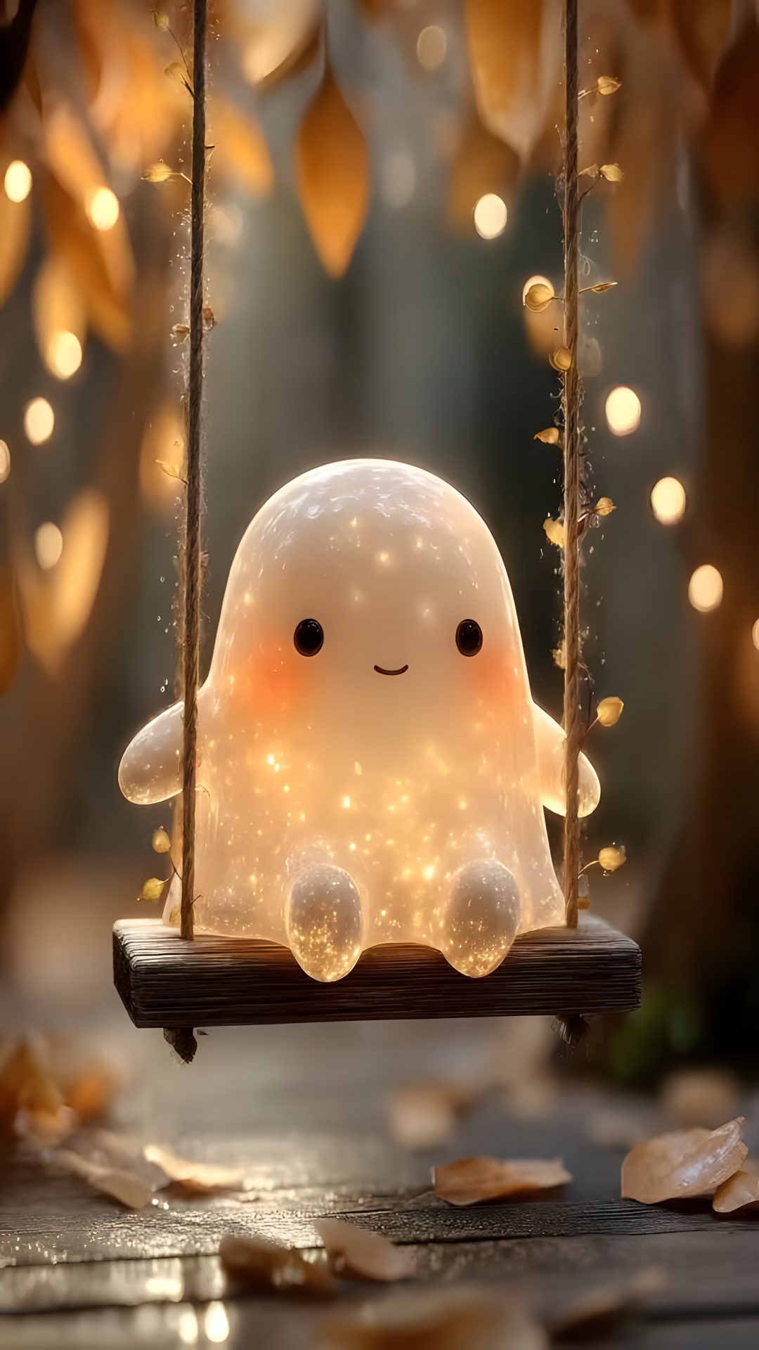 a stuffed ghost is sitting on a swing in the middle of leaves and lights behind it Kawaii Halloween Gif Halloween, dark olive green