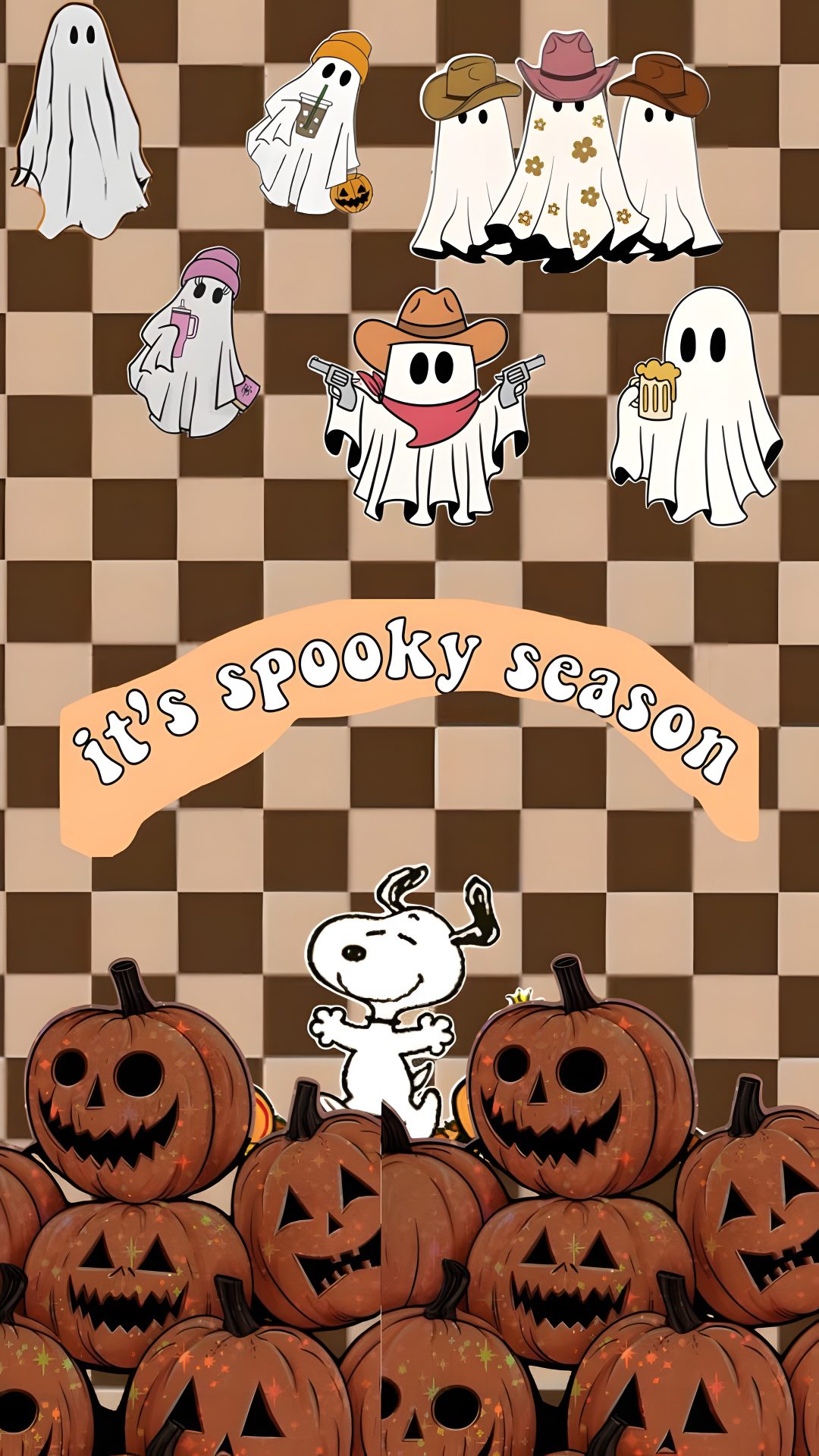 a group of pumpkins sitting on top of a checkered floor Pinterest Snoopy Halloween sienna