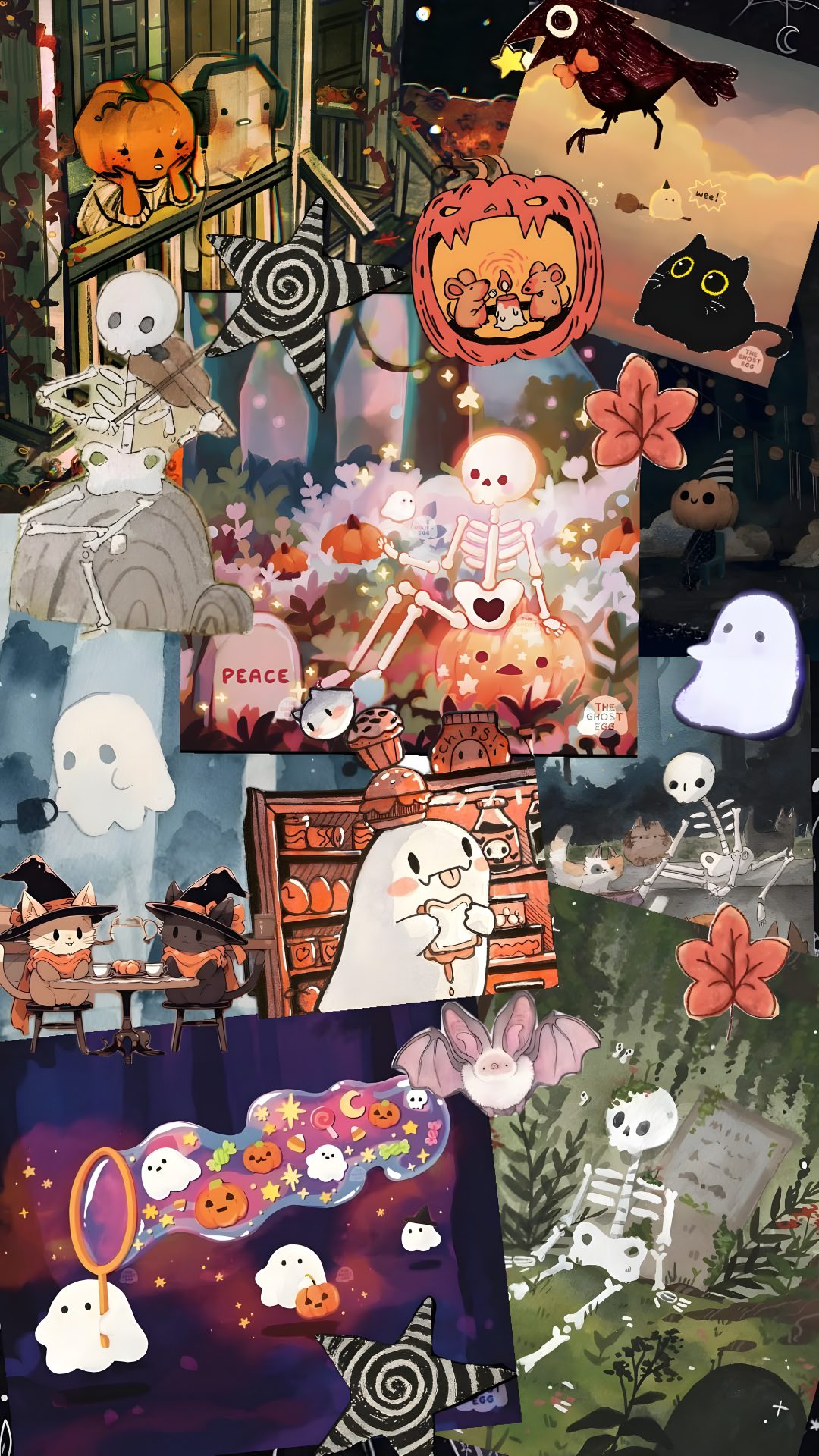 halloween collage with ghost, pumpkins and other things on it's surface Halloweencore dim gray