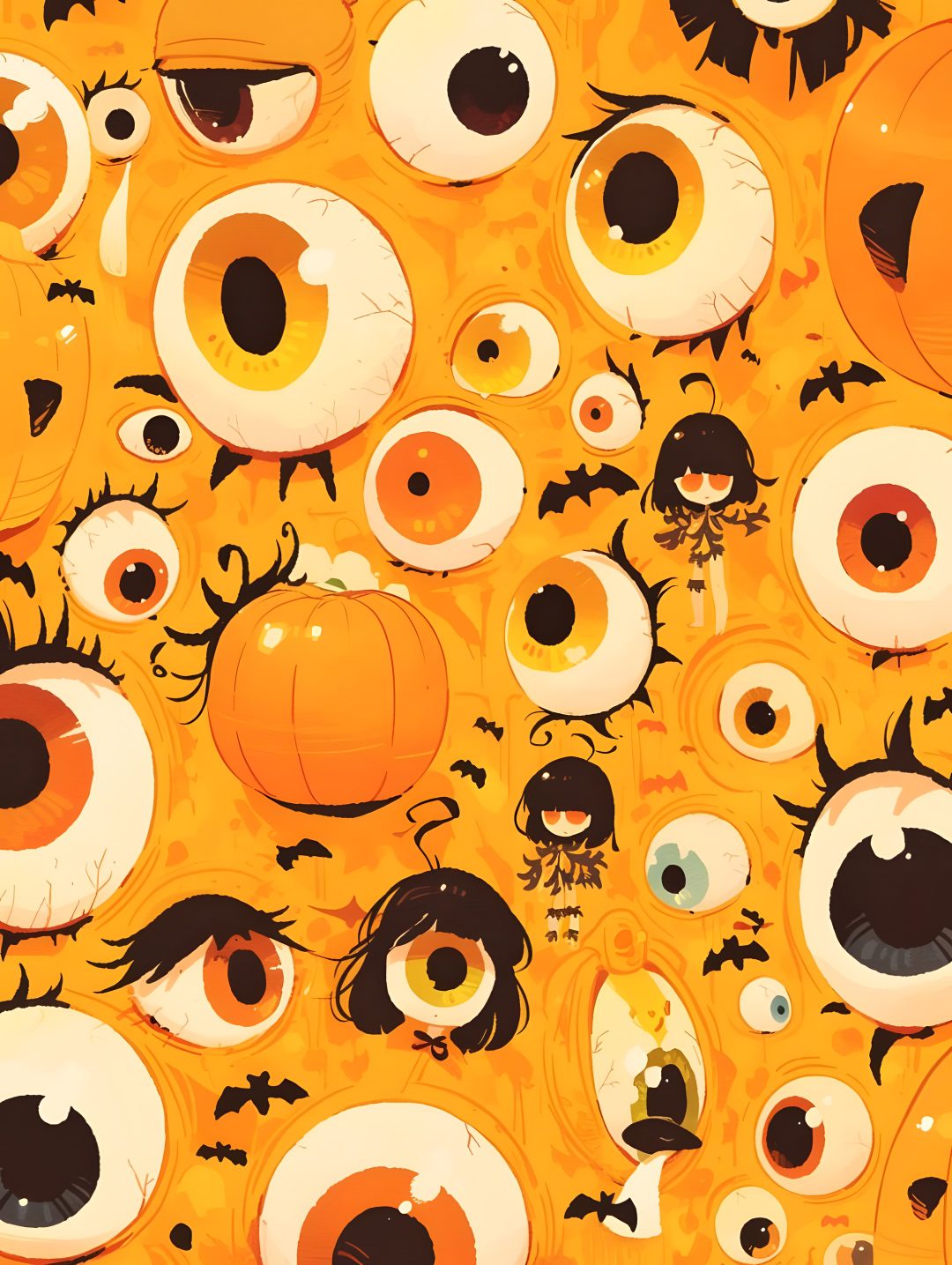 an orange background with lots of eyes and pumpkins Eyeball Halloween goldenrod
