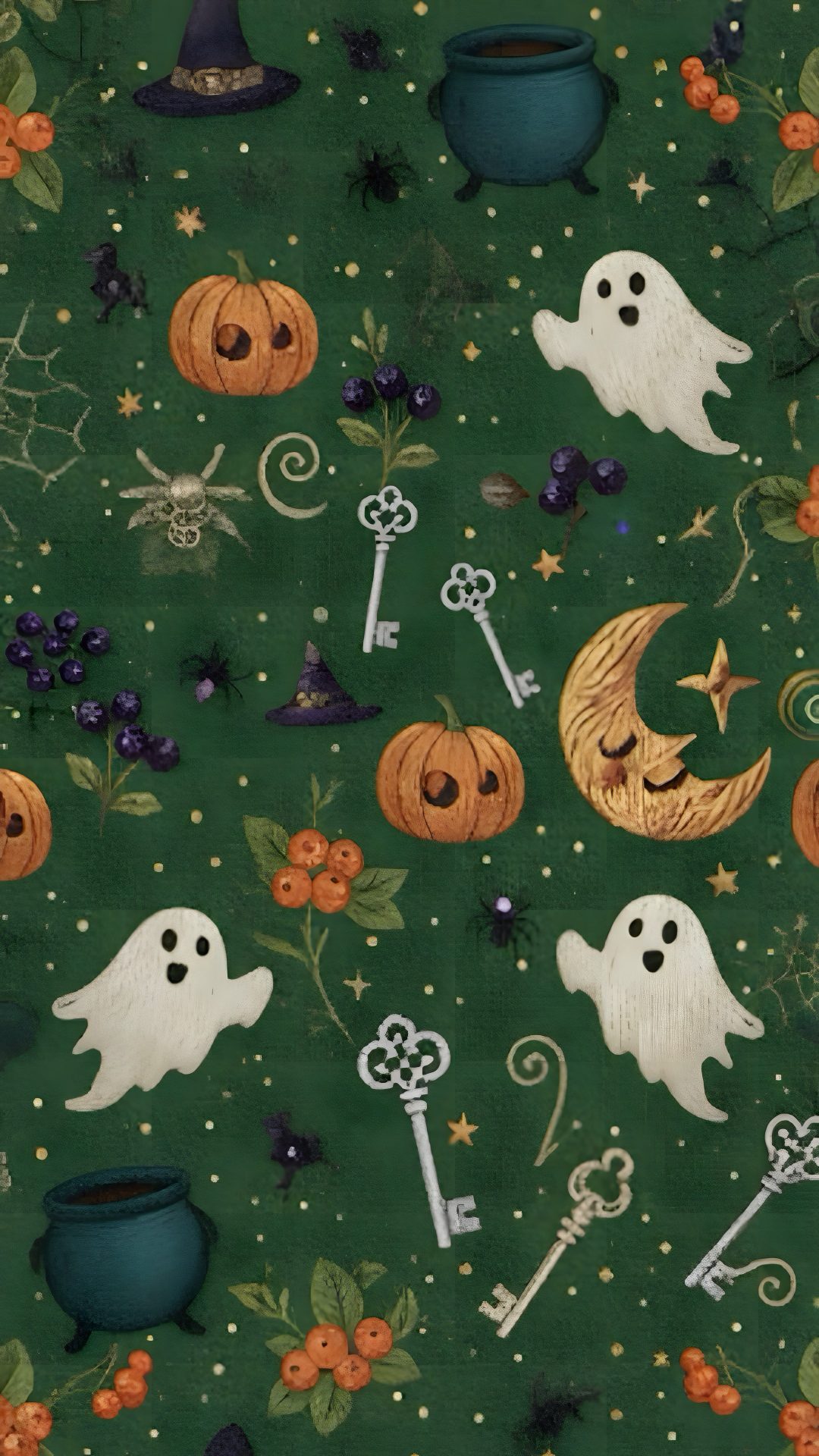 a green halloween themed background with pumpkins, caulders and other items on it Halloween Green Lock Screen, Juicy Couture, Halloween, Green, dark slate gray