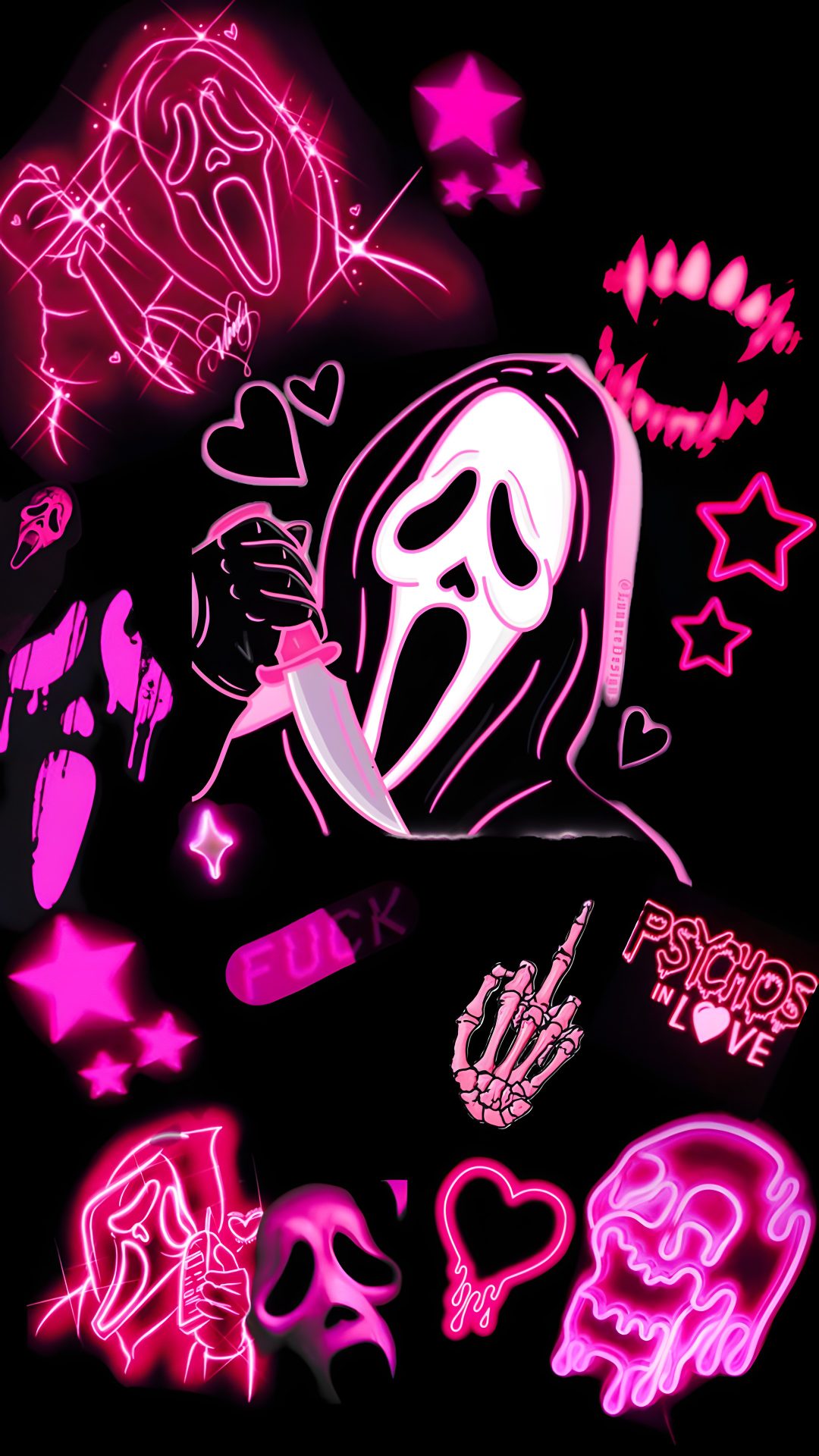 neon stickers on a black background with pink and purple lights in the shape of skulls Pink Halloween Ghostface Ghostface Aesthetic, Pink Hello Kitty Iphone, Halloween Iphone Backgrounds, black