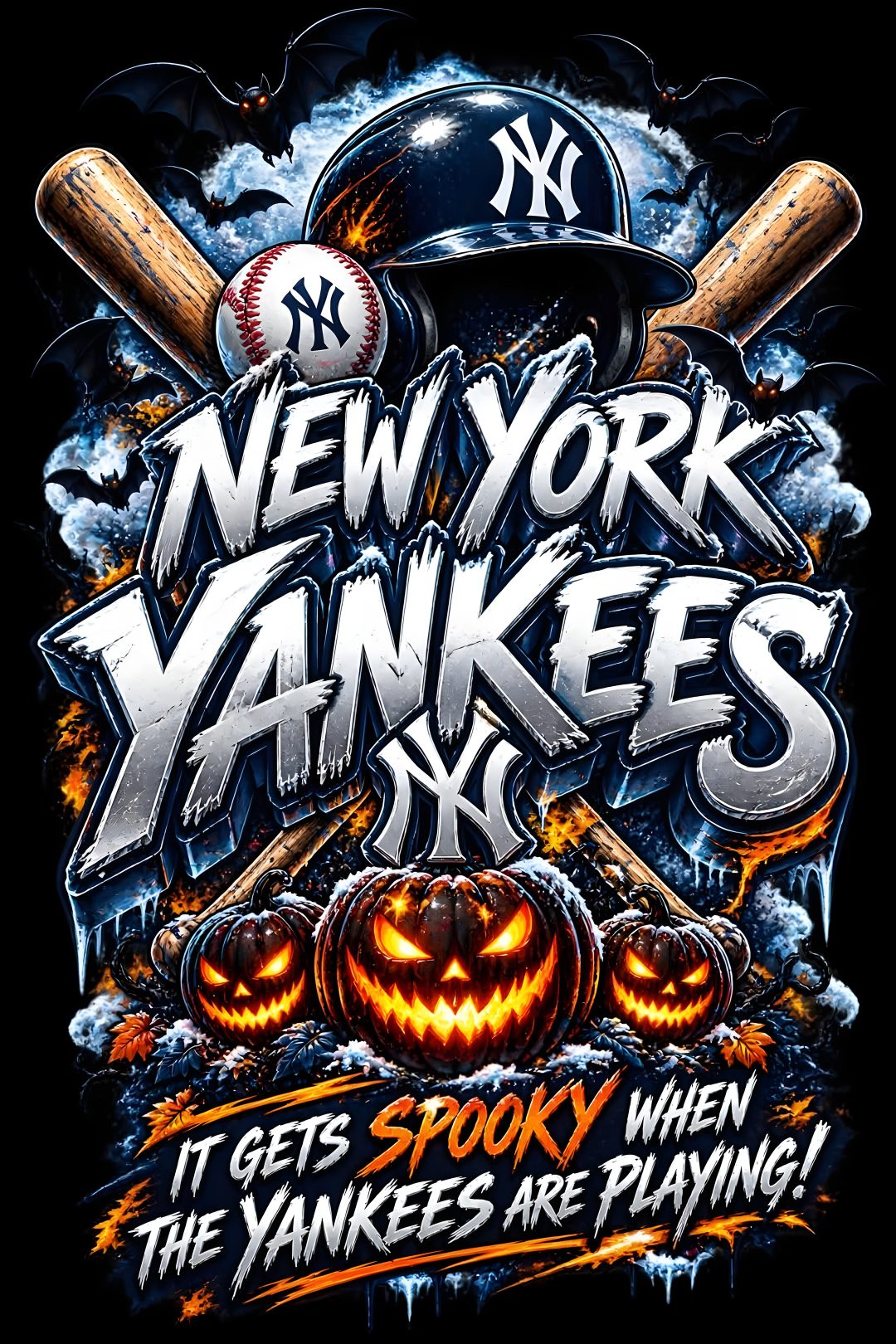 new york yankees halloween t - shirt design with bats and pumpkins on black background Baseball Halloween black