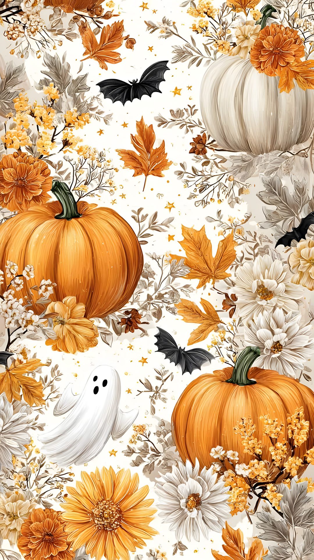 pumpkins and flowers on a white background with blackbirds, bats and other autumn decorations Free Fall Halloween burlywood
