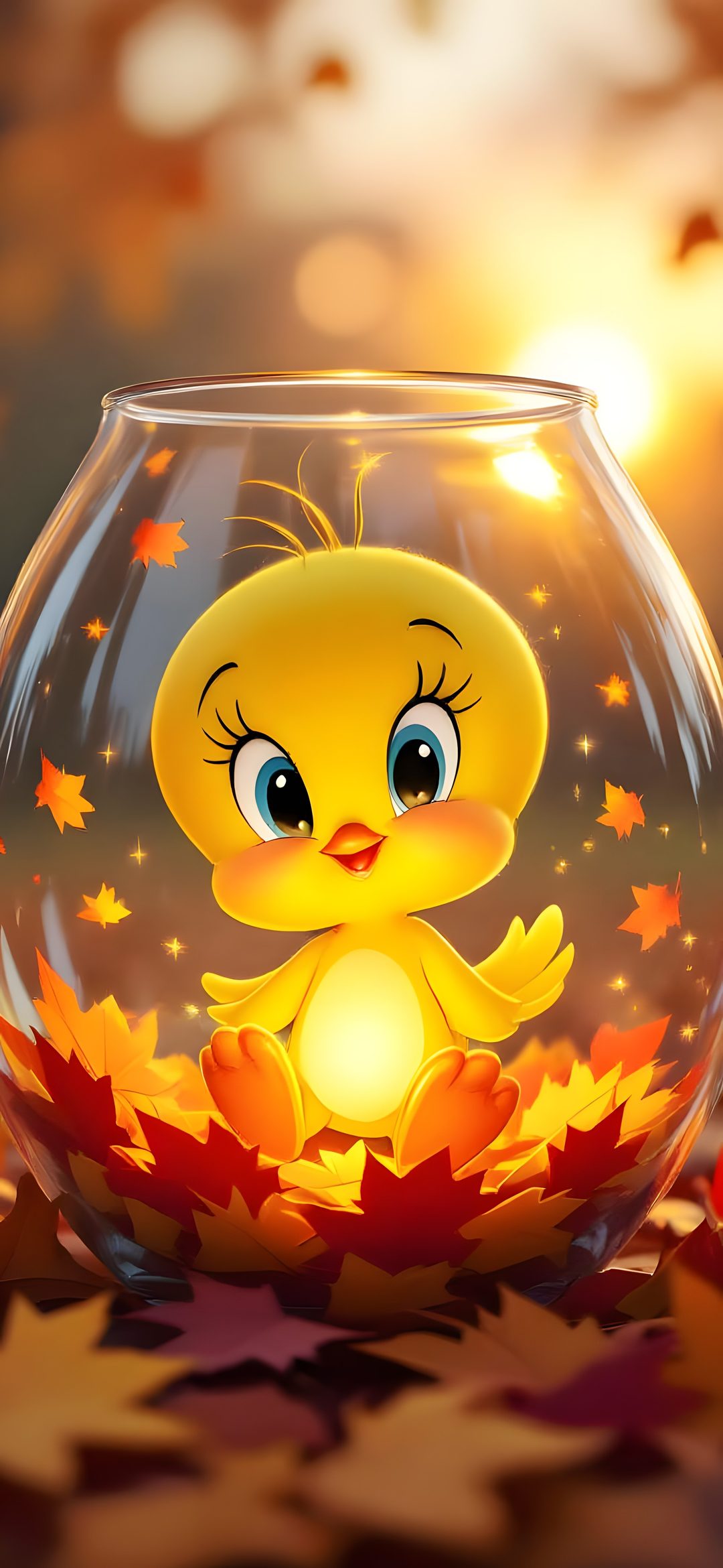 a glass bowl with a little yellow bird in it's center surrounded by leaves Tweety Bird Halloween Iphone Tweety, Halloween, sienna