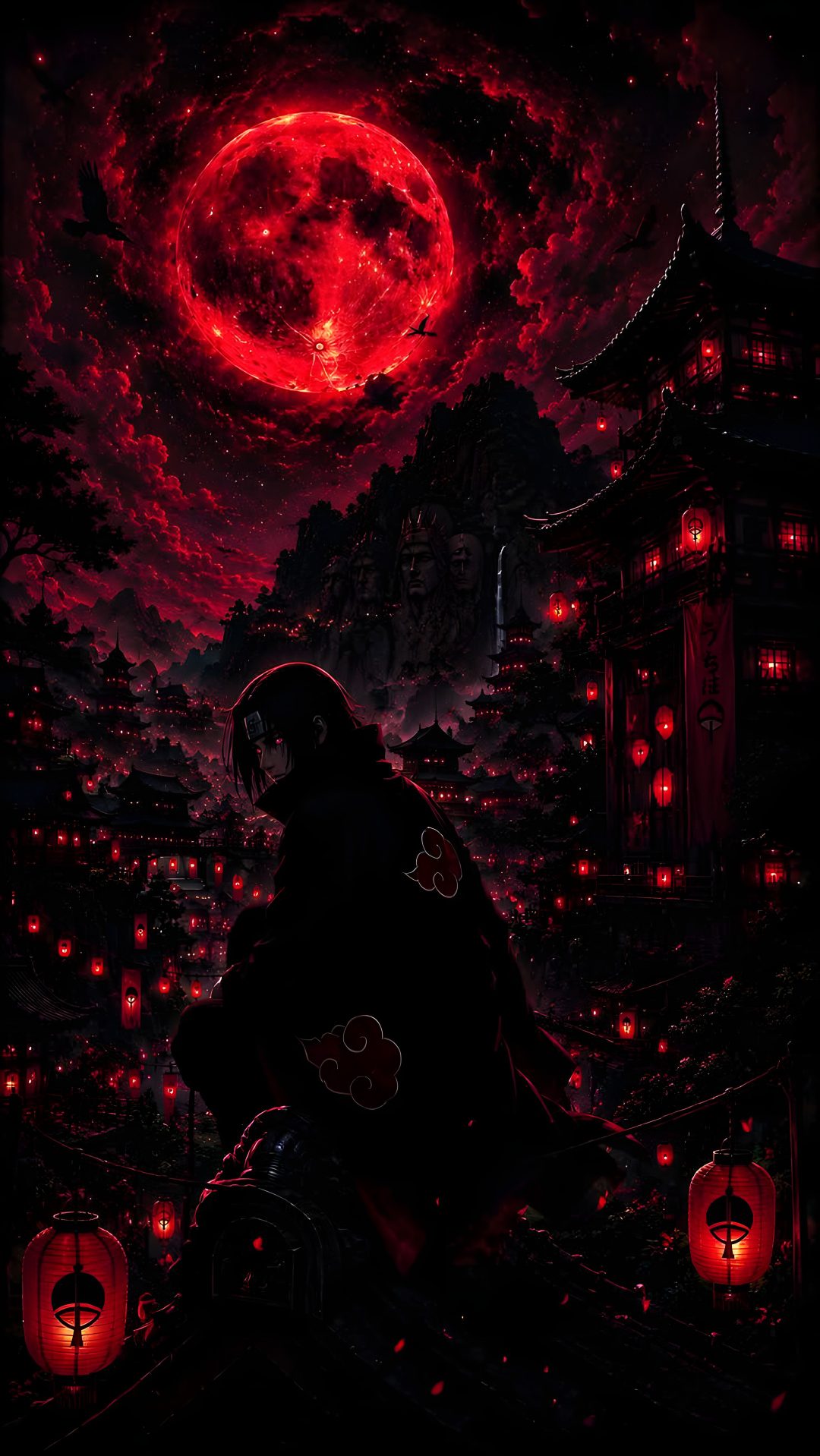 a person sitting in front of a red moon Itachi Uchiha Halloween black
