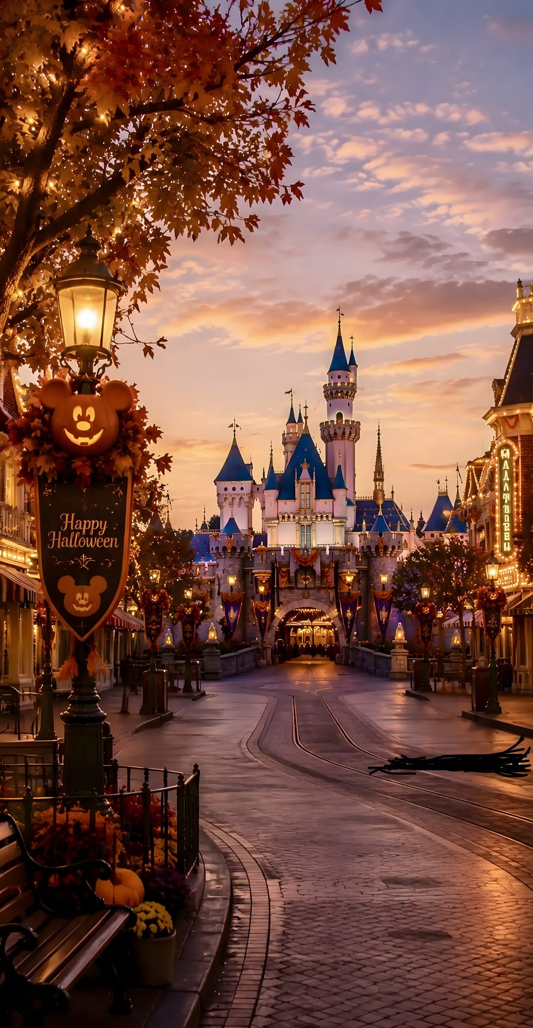 an amusement park at dusk with lights on Disneyland Halloween saddle brown