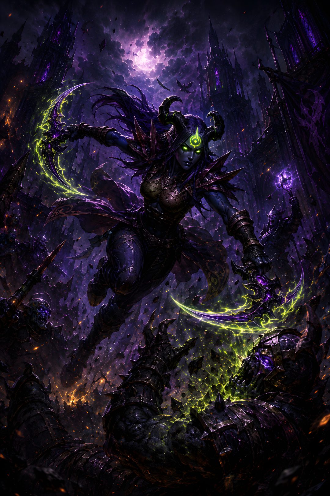 an image of a demon in the middle of a forest with purple and green lights World Of Warcraft Halloween black