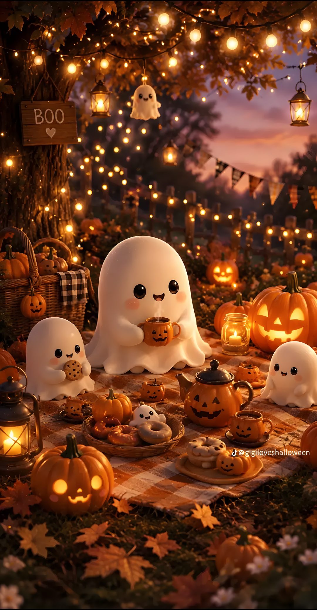 a group of ghost sitting on top of a table covered in pumpkins Halloween For Android saddle brown