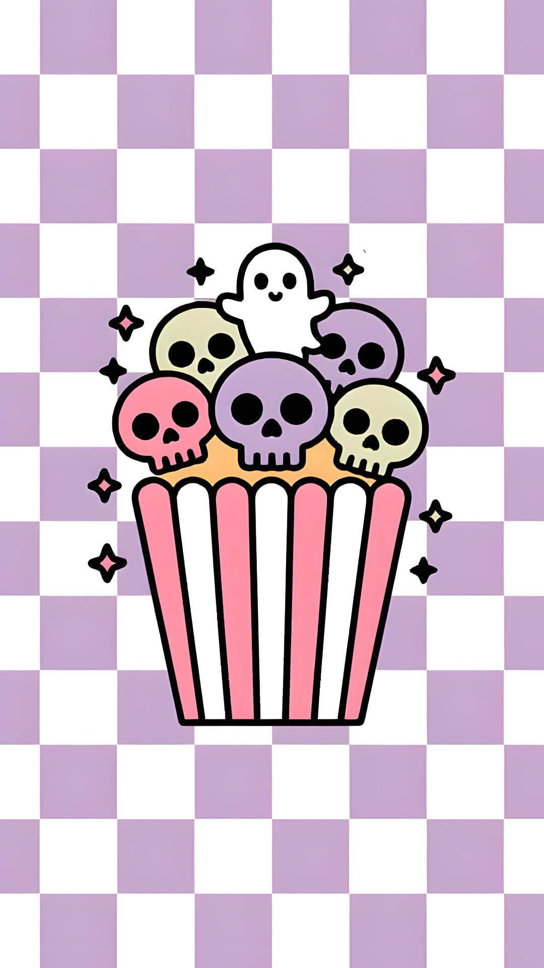 a cupcake with skulls in it on a checkered background Cute Halloween Skull plum