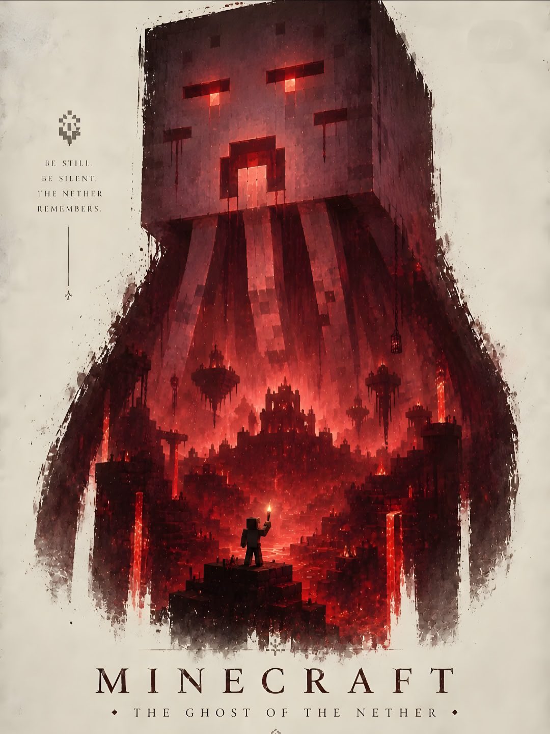 a movie poster for minecraft the ghost of the nether, with a man standing in front of a giant structure Minecraft Halloween sienna