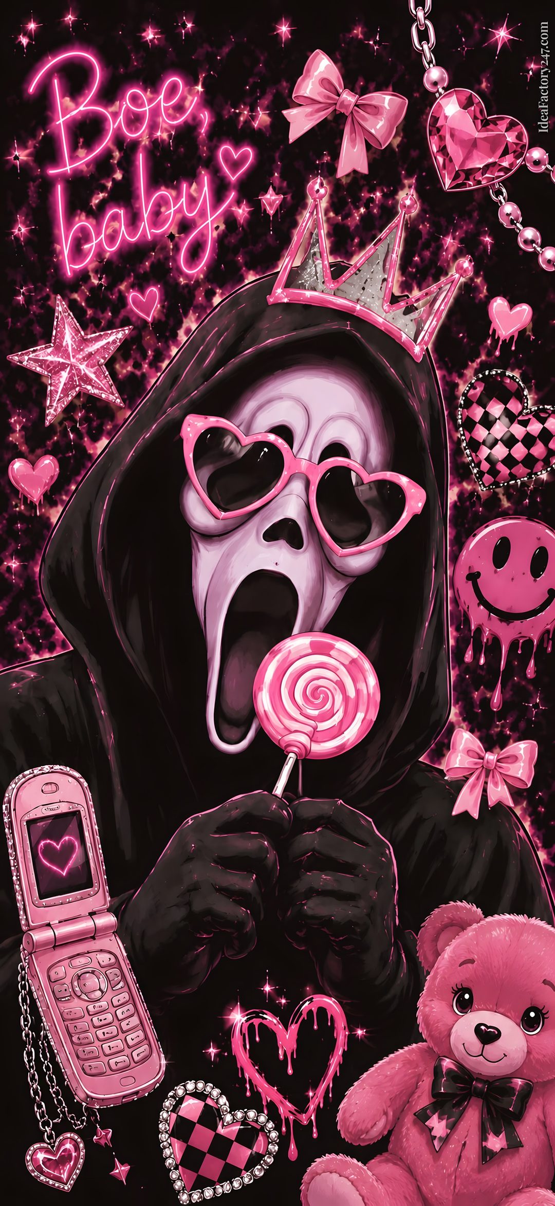 a painting of a person holding a lollipop in front of a teddy bear Pink Halloween Ghostface black
