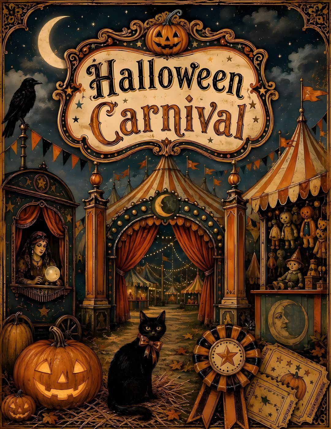 halloween carnival poster with black cats and pumpkins in front of an ornate tent at night Halloween Carnival dark olive green