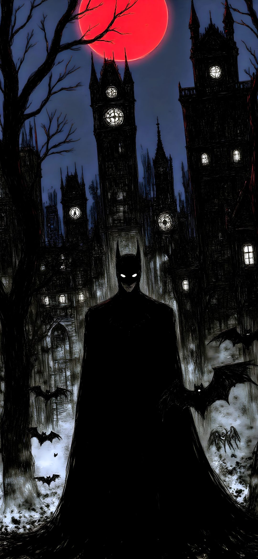 a batman standing in front of a castle at night with the moon setting behind it Batman Halloween Iphone black