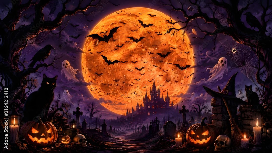 a halloween scene with pumpkins and bats Halloween Cave black