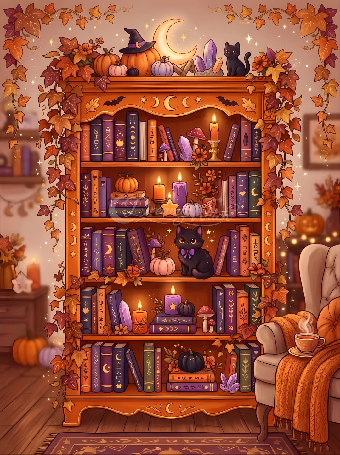 a book shelf filled with lots of books next to a cat sitting on top of a chair Halloween Bookshelf sienna