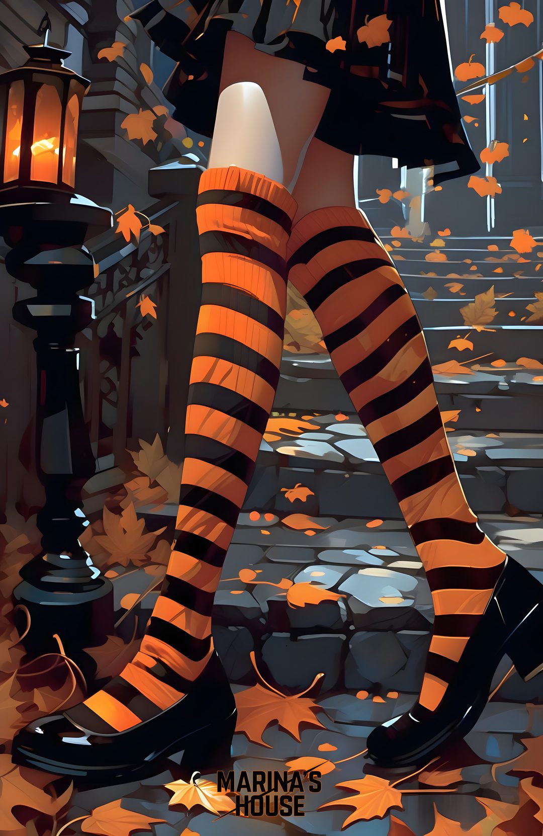 a woman in striped stockings and black boots walking down a street with leaves on the ground Happy Halloween Stockings dark slate gray