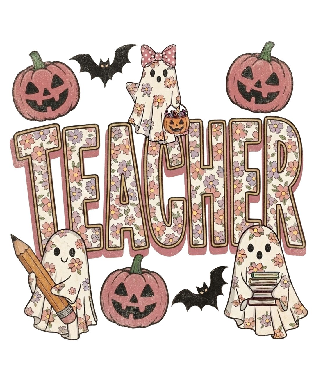 the word teacher is surrounded by halloween decorations and ghost characters, including bats, pumpkins, and jack - o'- lanterns Halloween Teacher old lace