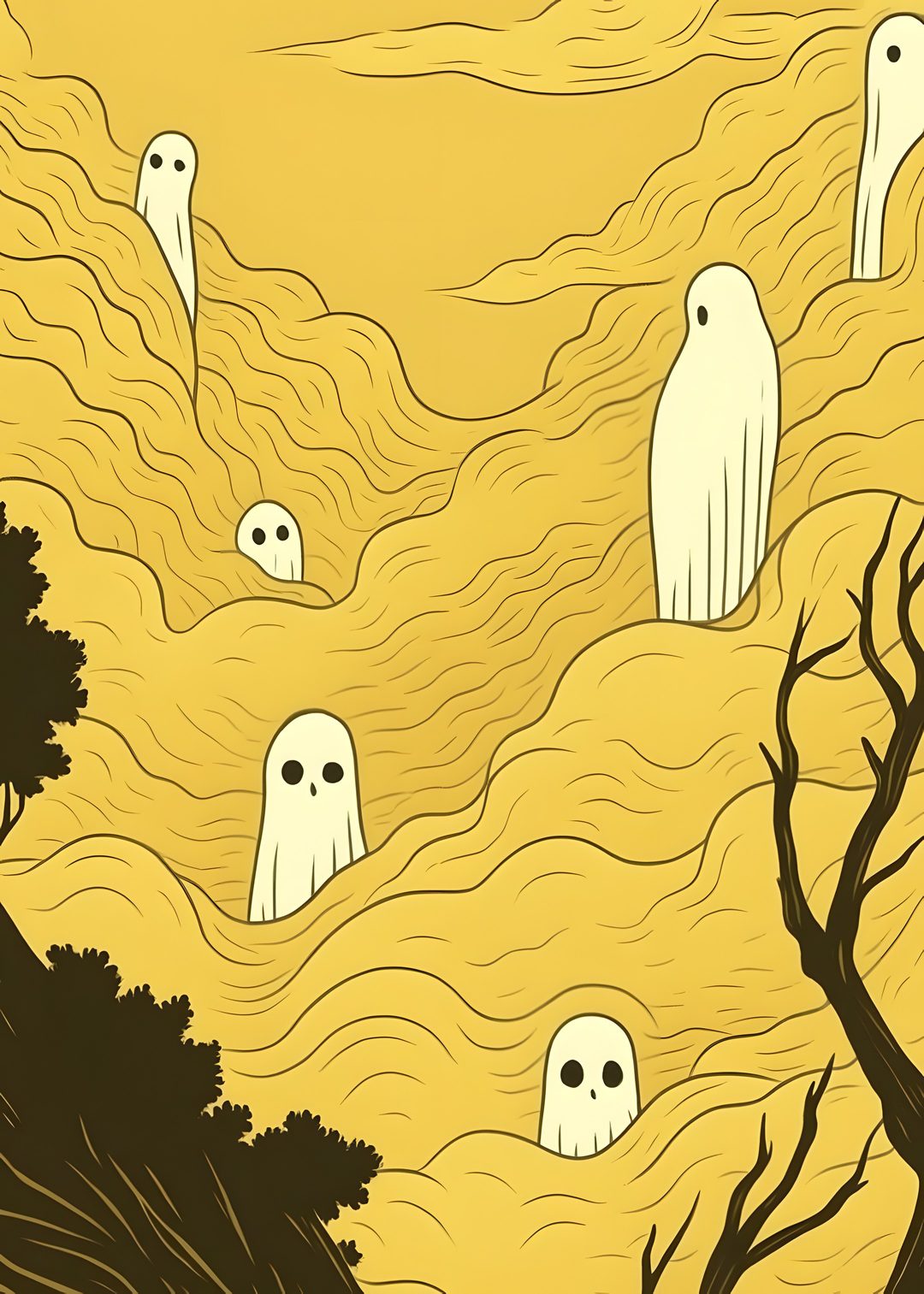 an image of halloween scene with ghost on the hill and trees in the foreground Cute Yellow Halloween Ghost Shrimp, Ghost, Yellow, sandy brown