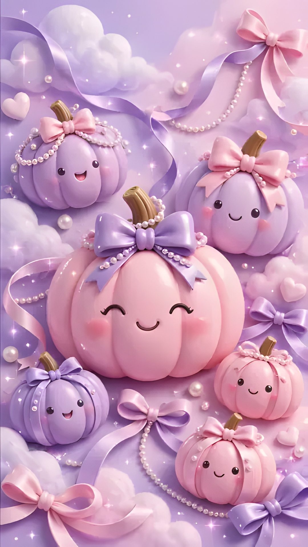 a painting of pumpkins with faces on them and bows around their necks, all in pastel colors Halloween Puffy plum