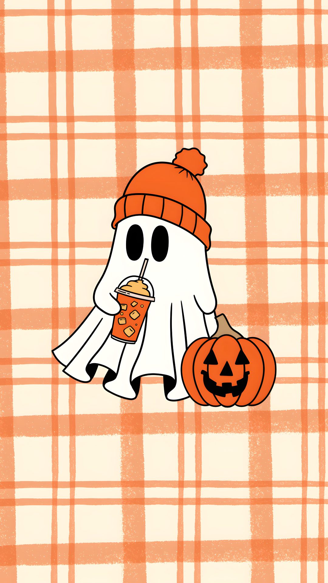 an orange and white checkered background with a cartoon ghost holding a drink in it's hand Preppy Halloween Ghost Preppy Halloween, Fall Background, Halloween, Cute, peach puff