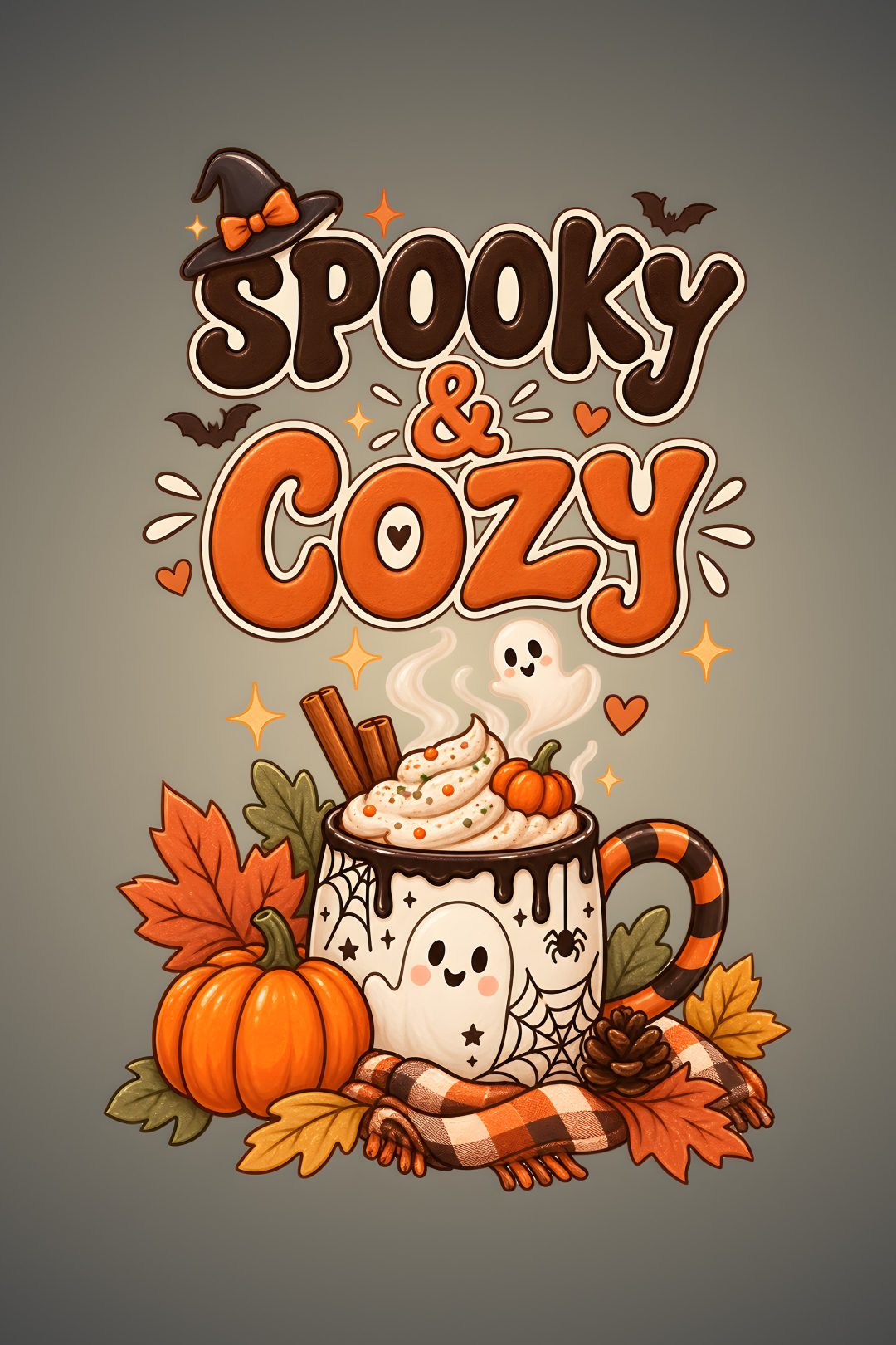 a cup of hot chocolate with whipped cream and spooky and cozy written on it Cute Halloween Coffee dim gray
