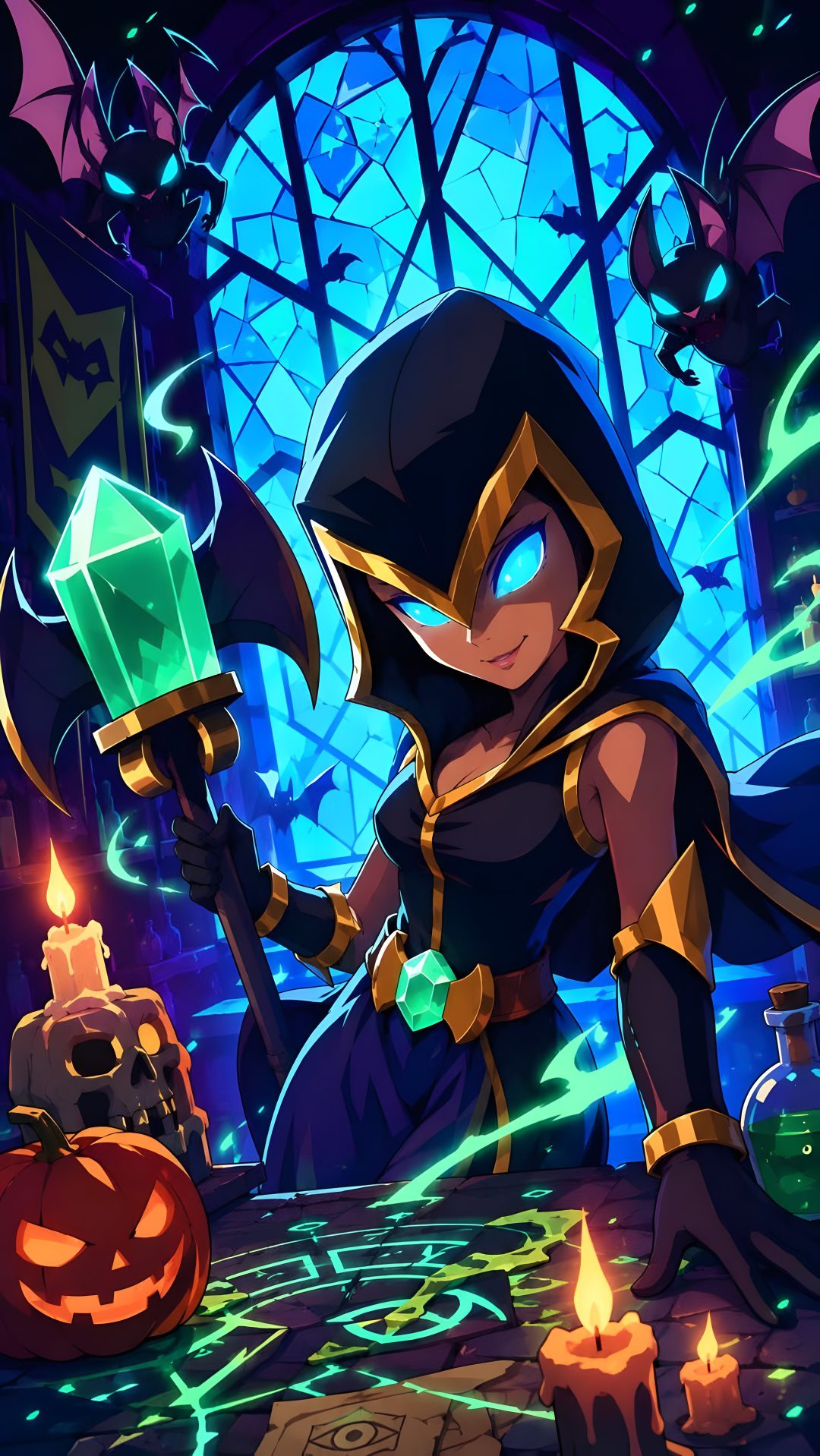 an animated character holding a lantern in front of a stained glass window with pumpkins and candles Clash Royale Halloween midnight blue