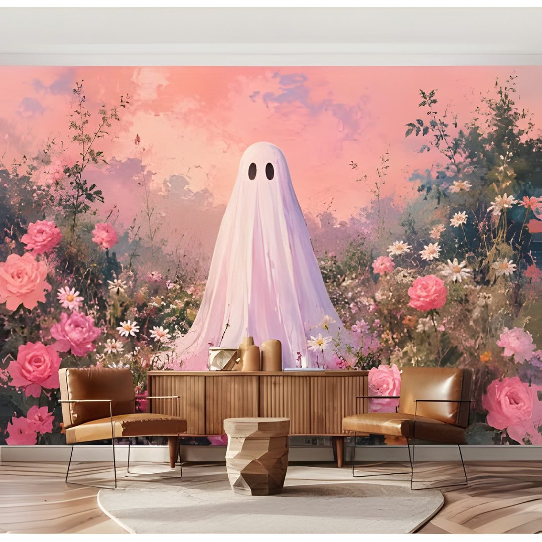 a living room with flowers and a ghost wall mural Halloween Floral Custom rosy brown