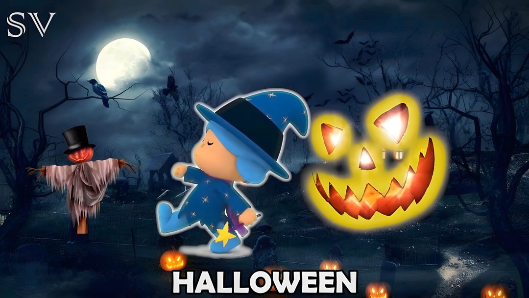 two cartoon characters dressed up in halloween costumes, one with a pumpkin and the other wearing a witch hat Pocoyo Halloween dark slate gray