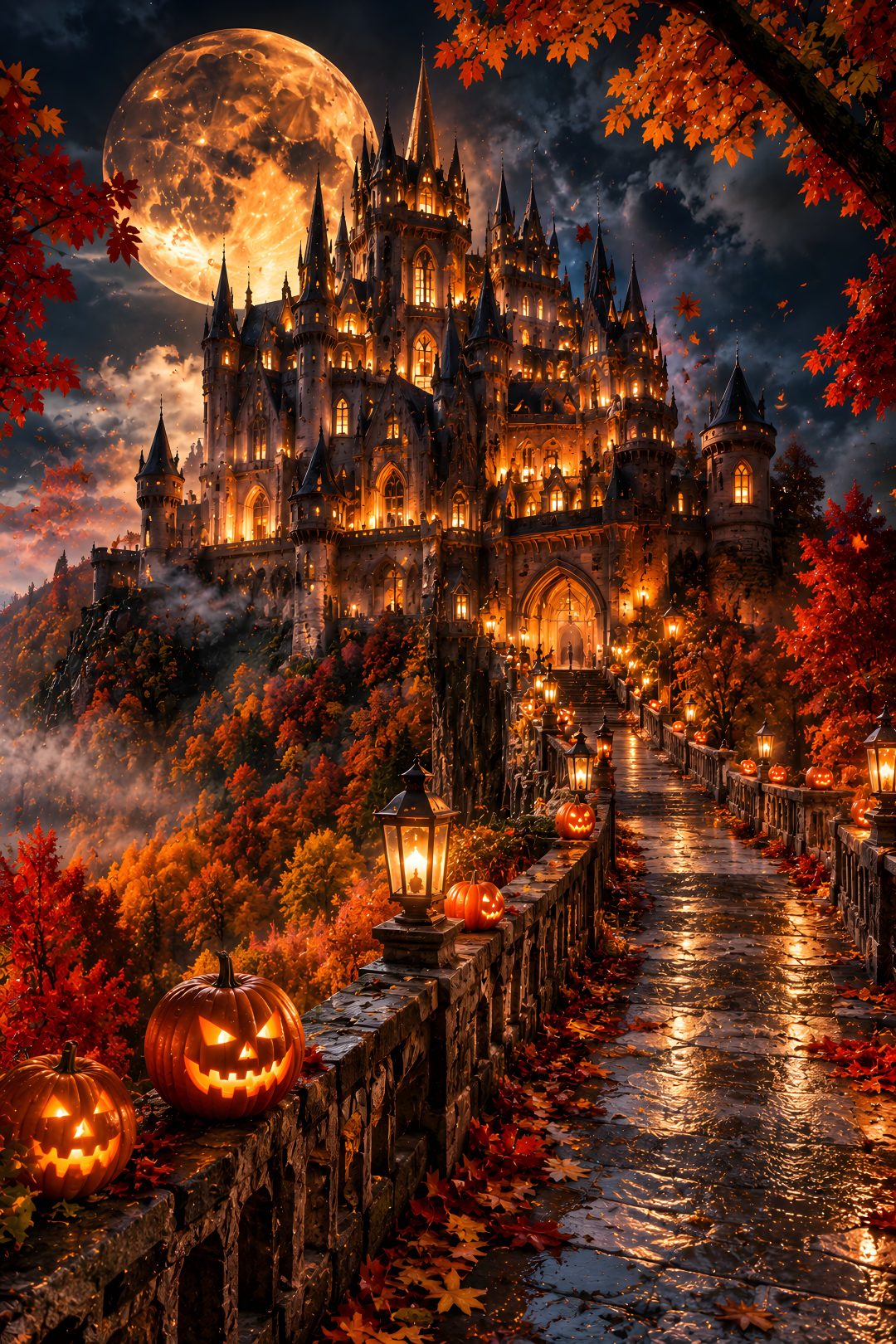 a castle with pumpkins in front of it on a fall night, lit up by lanterns Halloween Castle Background maroon