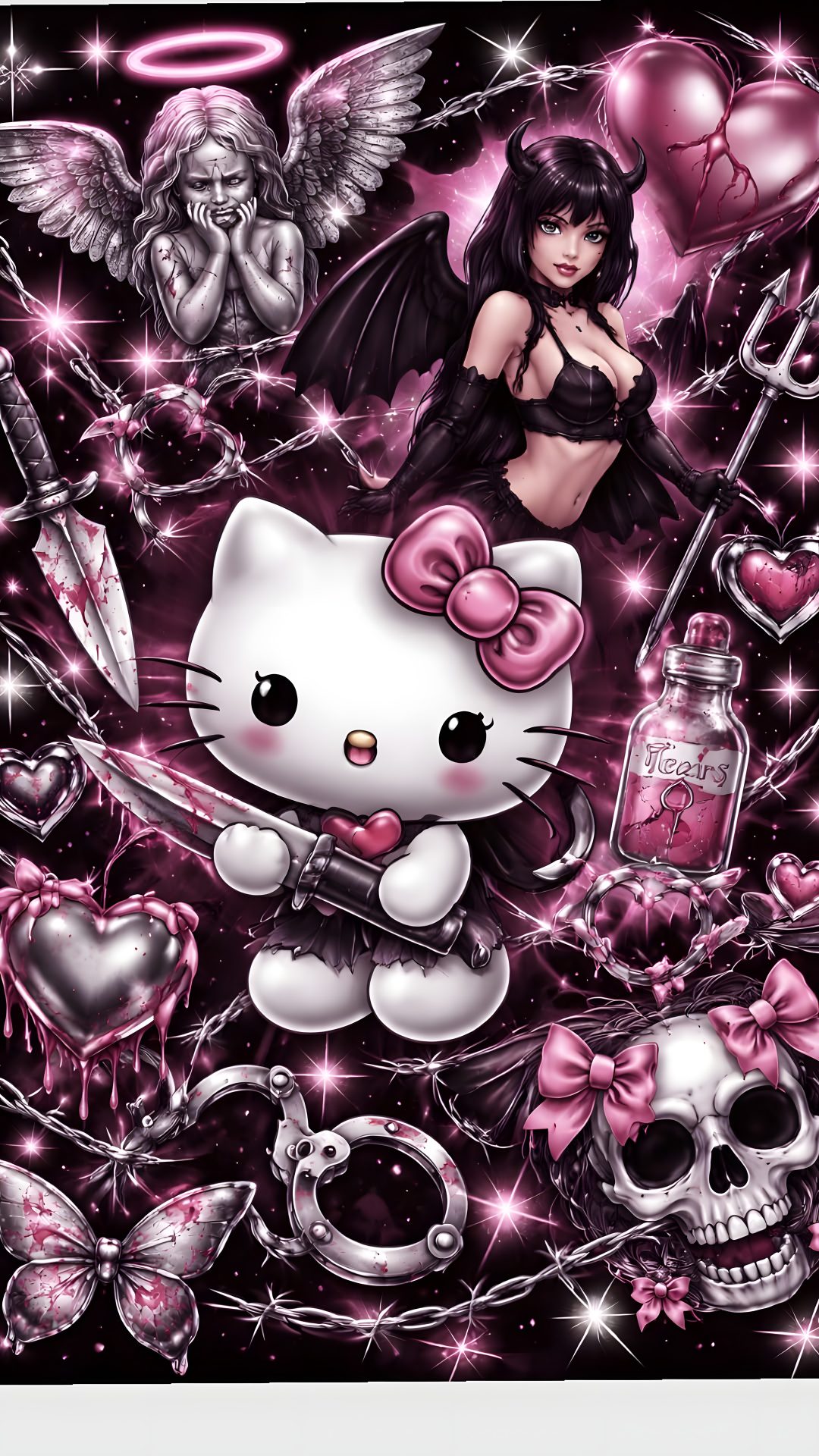 a hello kitty wallpaper with skulls, hearts, and other items in pink colors Hello Kitty Y2k Halloween dark slate gray