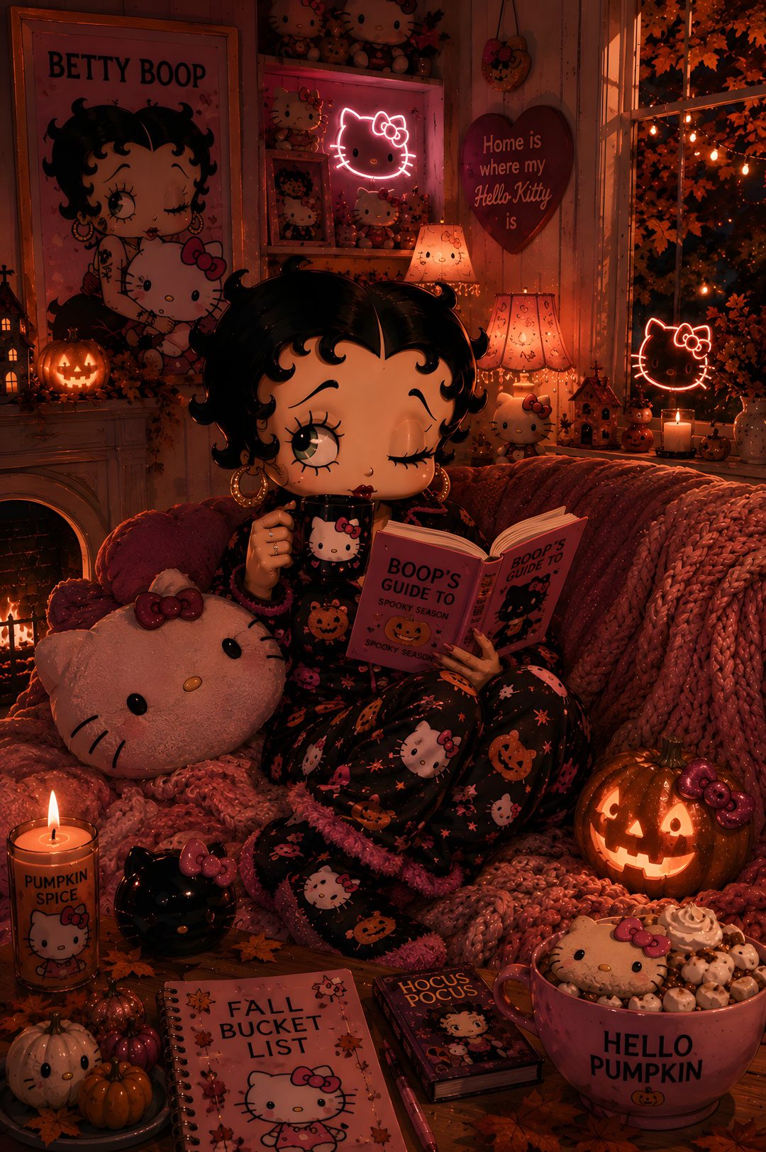 a hello kitty doll sitting on top of a couch next to some pumpkins and books Hello Kitty Y2k Halloween maroon