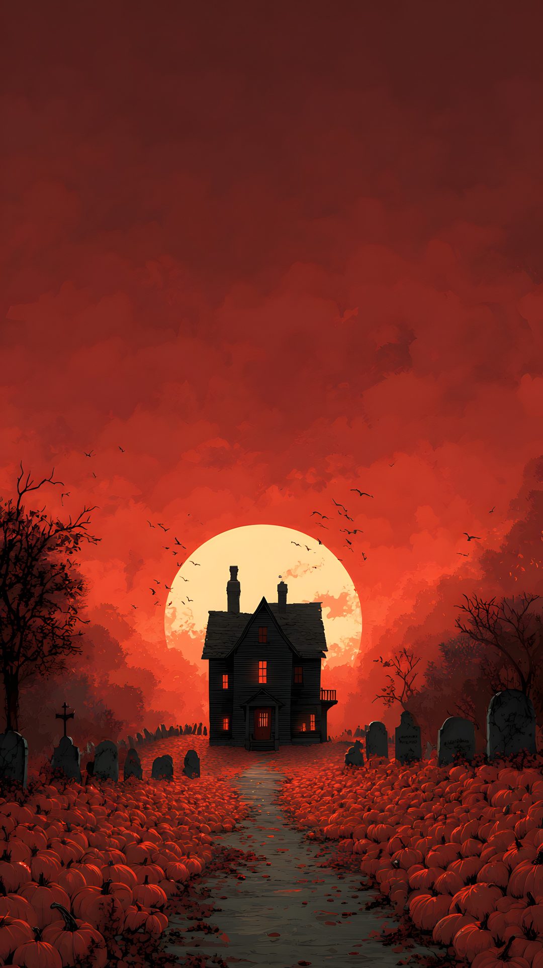 a creepy house in the middle of a field with pumpkins on it and bats flying around Halloween Art Iphone saddle brown