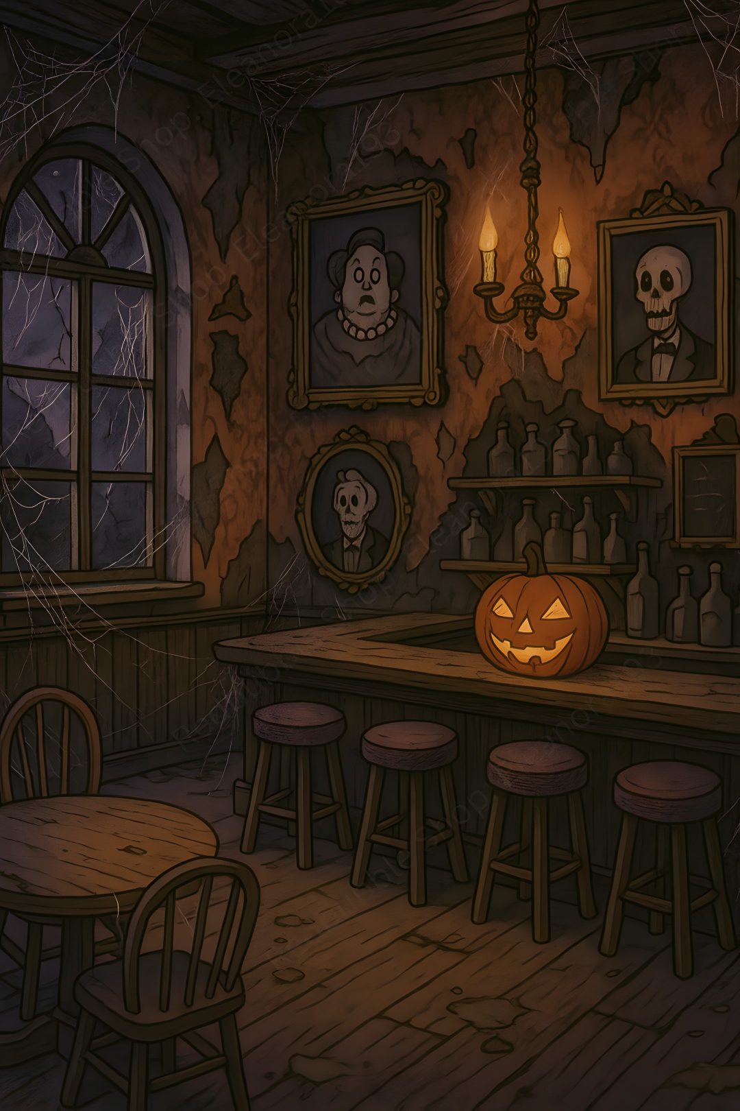 a room filled with wooden tables and chairs next to a window covered in halloween decorations Vintage Halloween Art black