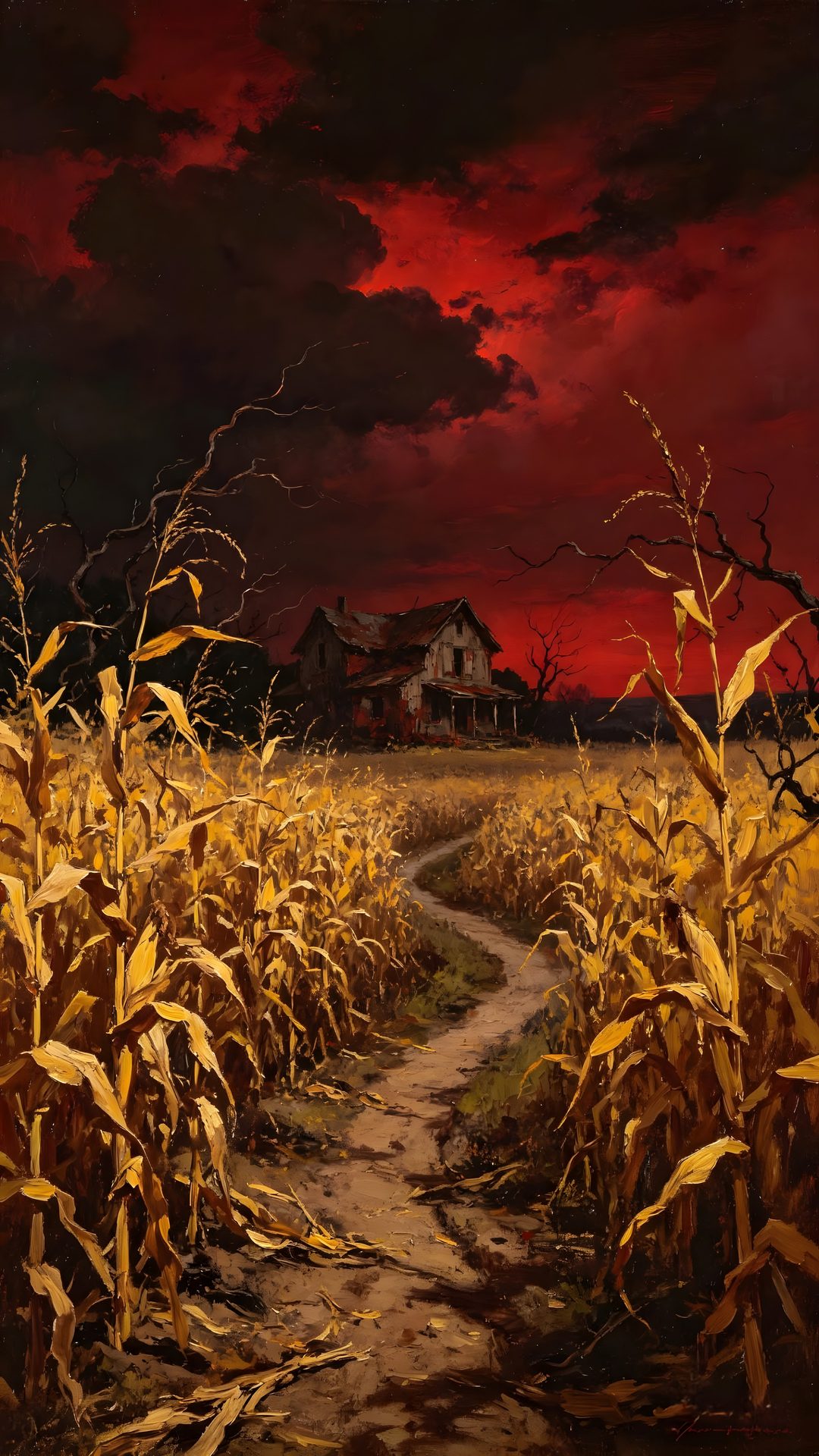 a painting of a corn field with a house in the distance and red sky above Halloween Farm The Other Side, Siding, maroon
