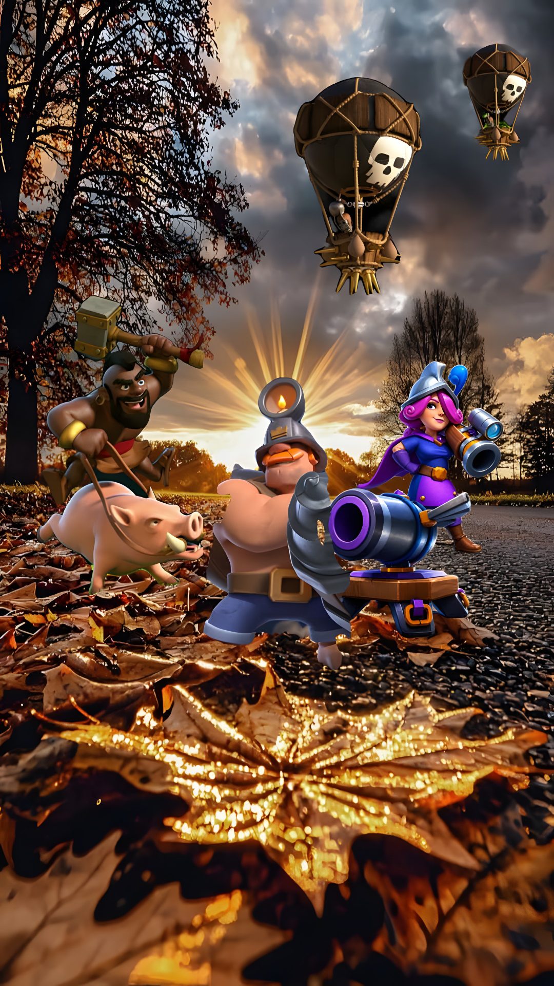 an image of some cartoon characters in the middle of fall leaves and balloons flying over them Clash Royale Halloween dark olive green