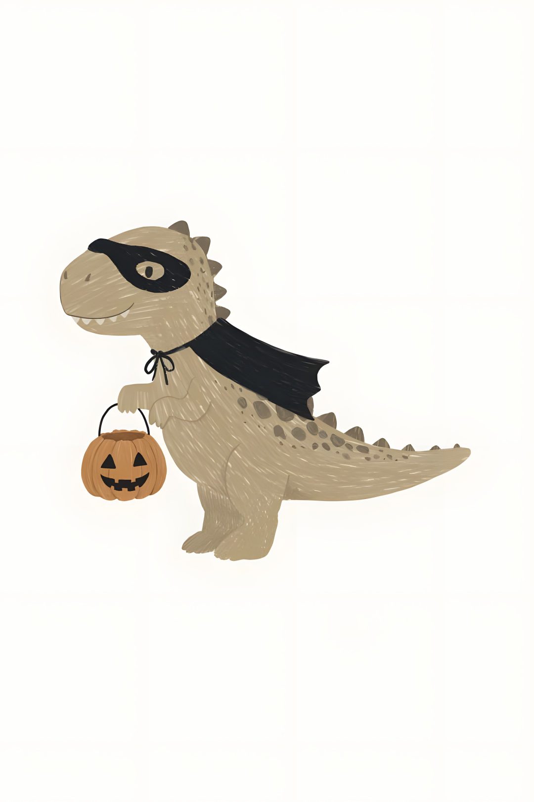 a drawing of a dinosaur holding a trick bag Halloween Dinosaur For Nursery white smoke
