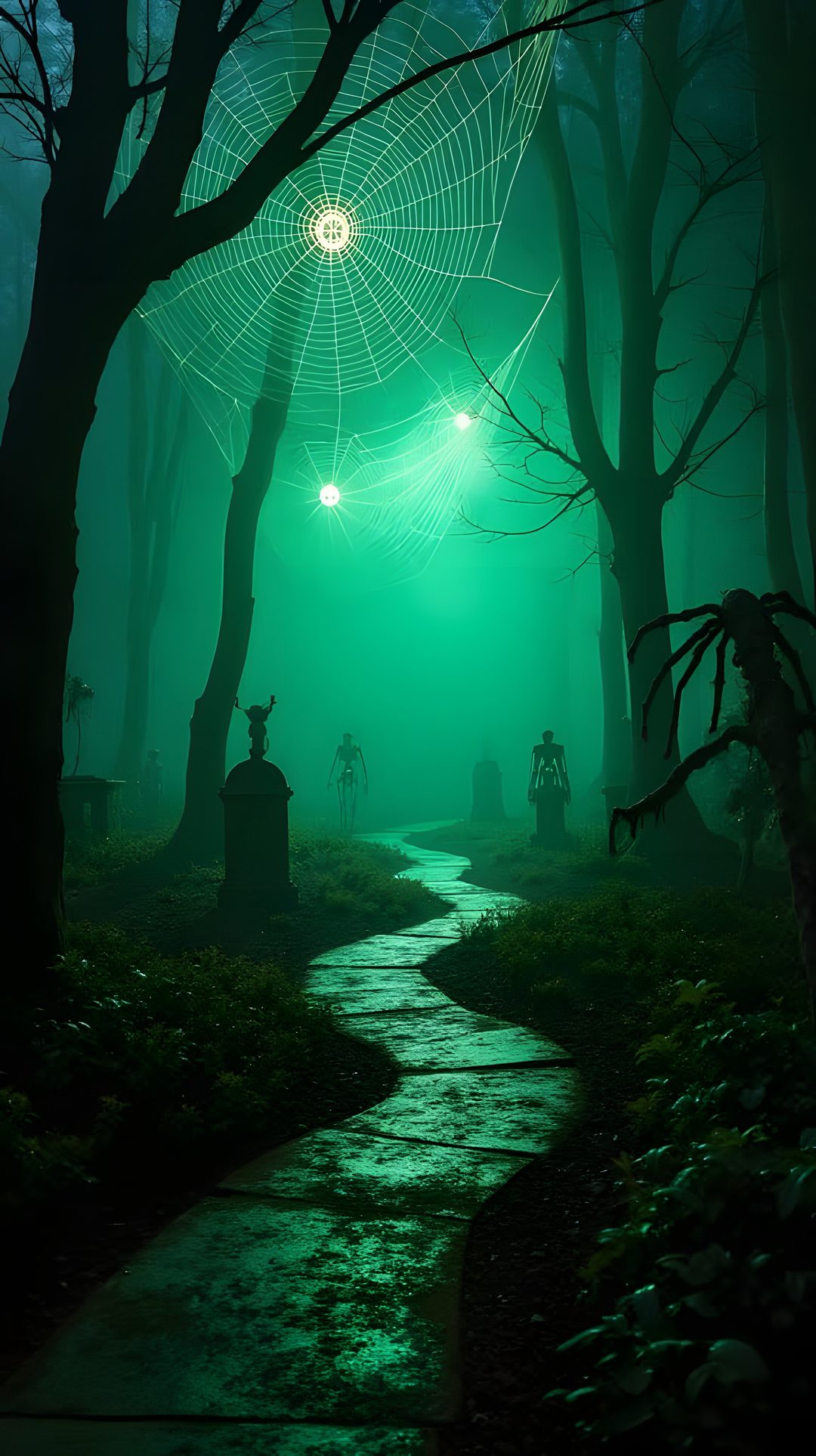 a path in the middle of a forest with glowing lights on it's sides Halloween Green Aesthetic dark green