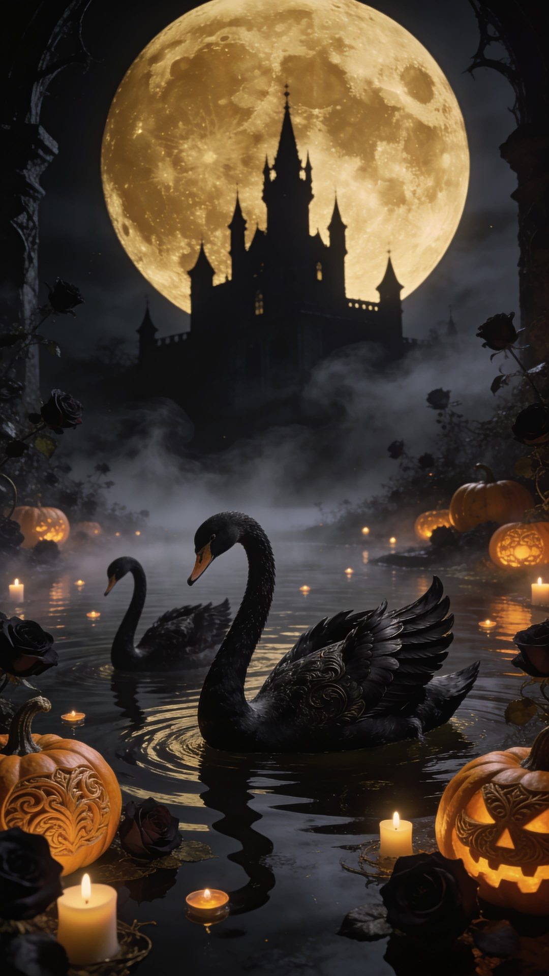 two black swans floating on top of a lake next to pumpkins and candles in front of a full moon Elegant Halloween dark slate gray