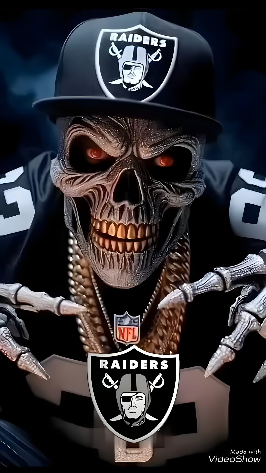 a skull wearing a oakland football helmet and holding his hands up in front of him Raiders Halloween Popular Videos, Nfl, black