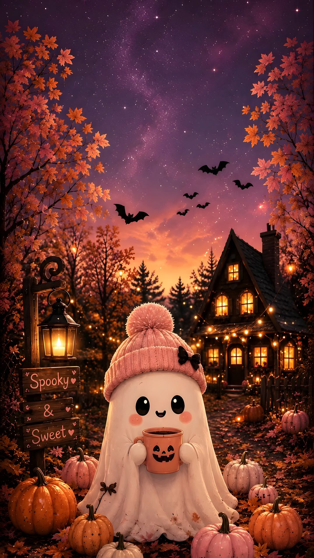 a halloween scene with pumpkins and a ghost holding a coffee cup in front of a house Cute Halloween For Android saddle brown