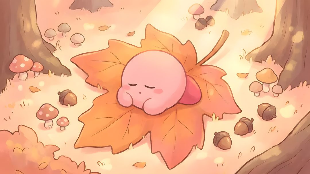 a cartoon character sleeping on top of a leaf in the woods with mushrooms and leaves around him Kirby Halloween 4k burlywood