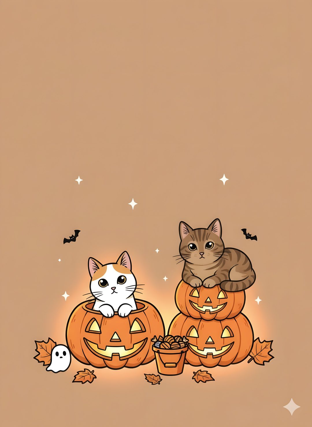 two cats sitting on top of pumpkins with bats and ghost's around them Halloween - Bats And Cats - Cream Halloween Backgrounds, Halloween, rosy brown