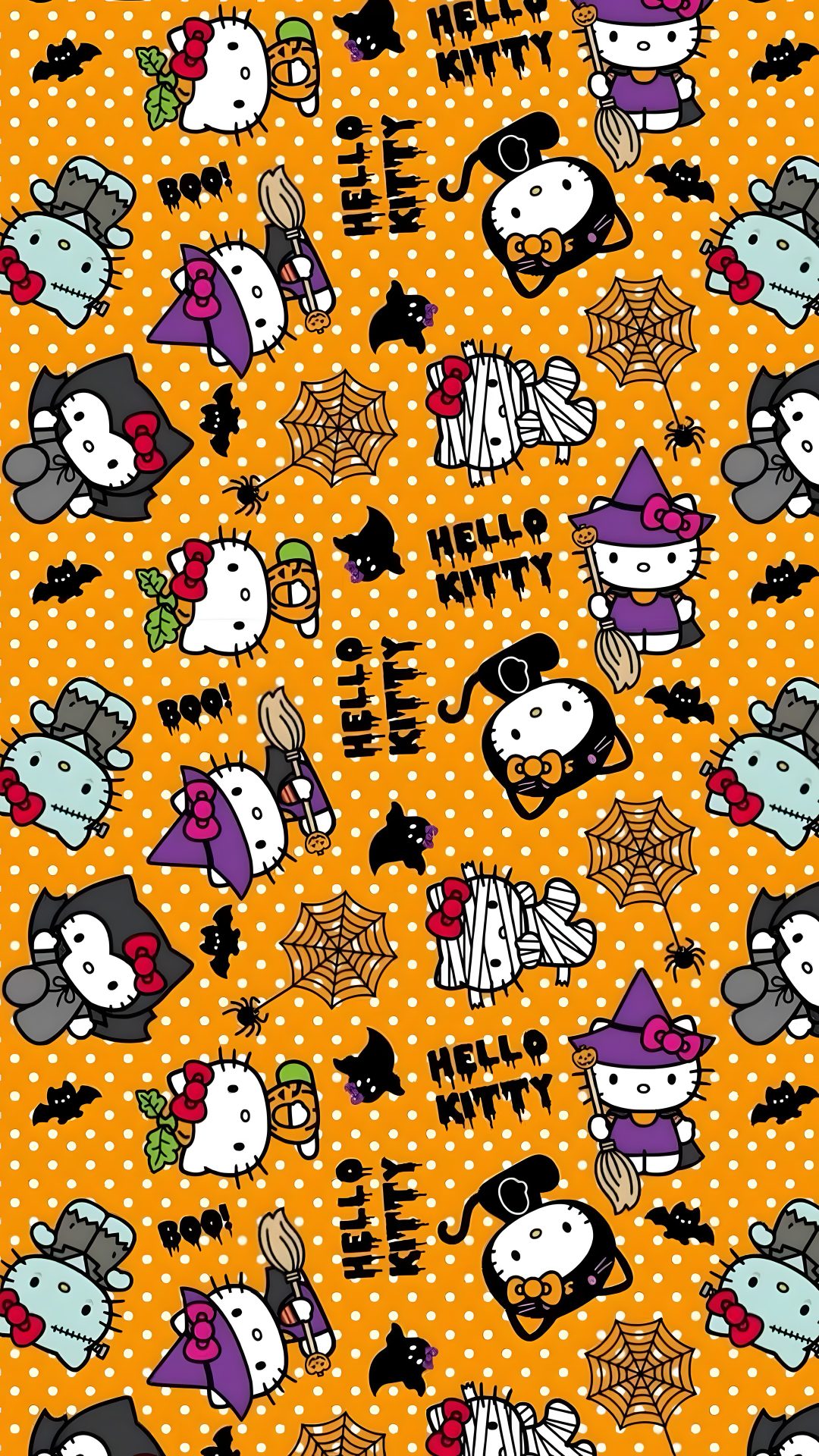 an orange and black background with hello kitty characters Sanrio Halloween goldenrod