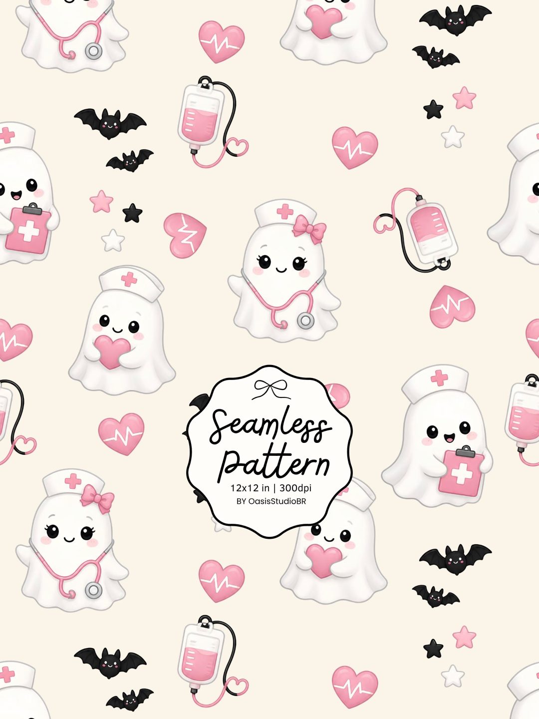 seamless pattern with white and pink teddy bears, hearts, stars and bats on a light pink background Halloween Nurse old lace