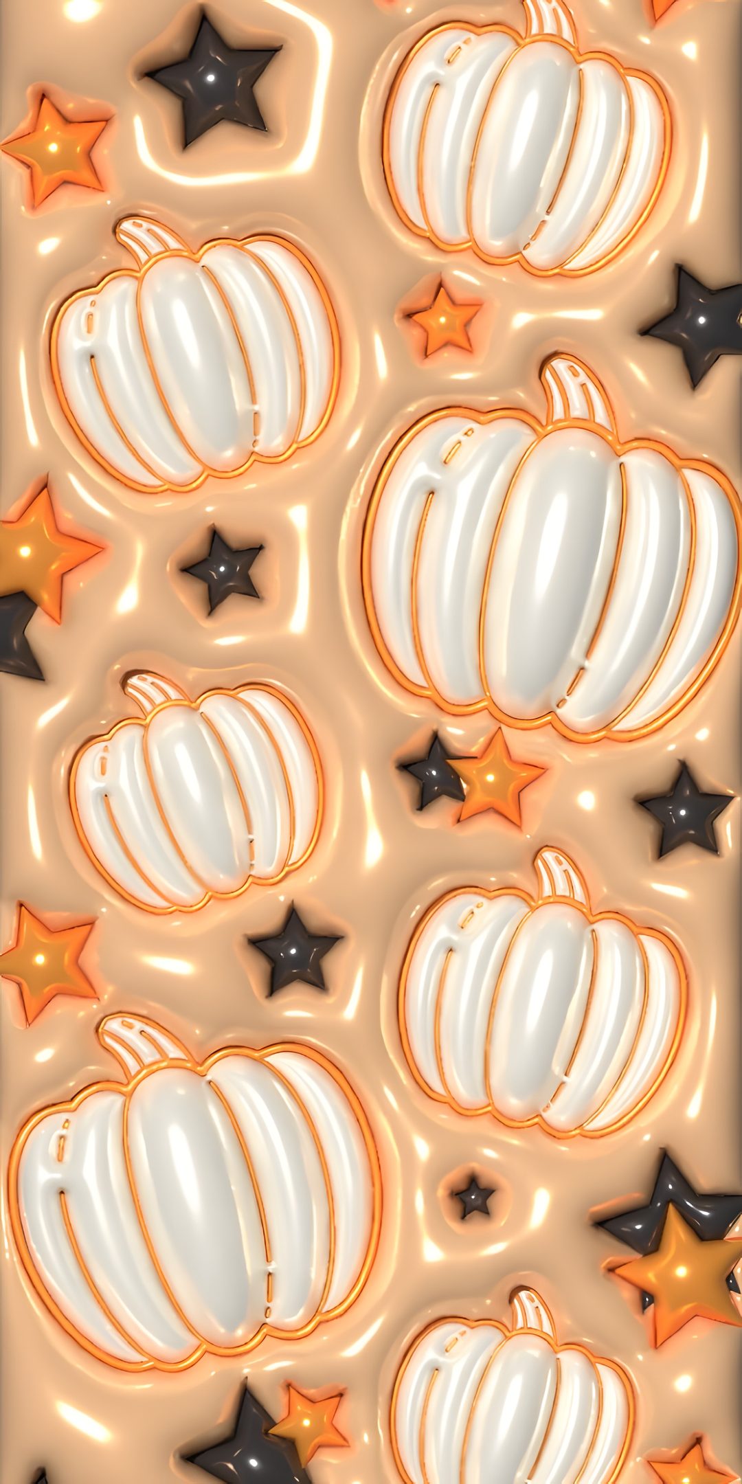 an image of pumpkins and stars in the air on a white background with orange highlights Halloween Puffy 3d Iphone, Aesthetic Iphone, Halloween, Iphone Background, Cute Home Screen, burlywood