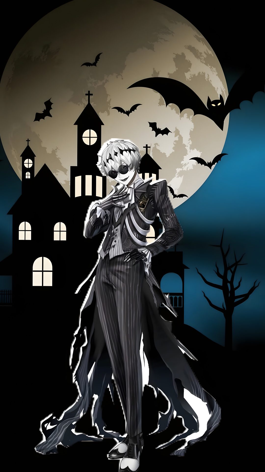 a man dressed as a skeleton standing in front of a full moon Halloween Anime Boy black