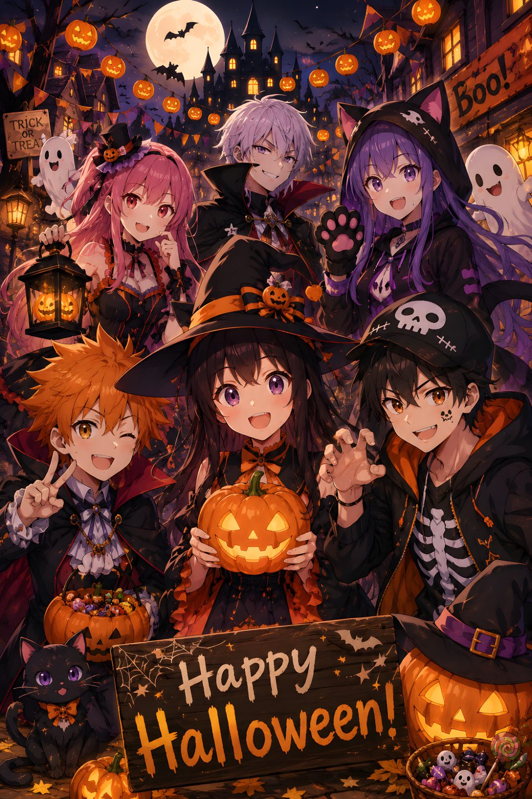anime halloween wallpaper with many people dressed up as witches and pumpkins in the background Anime Halloween Anime black