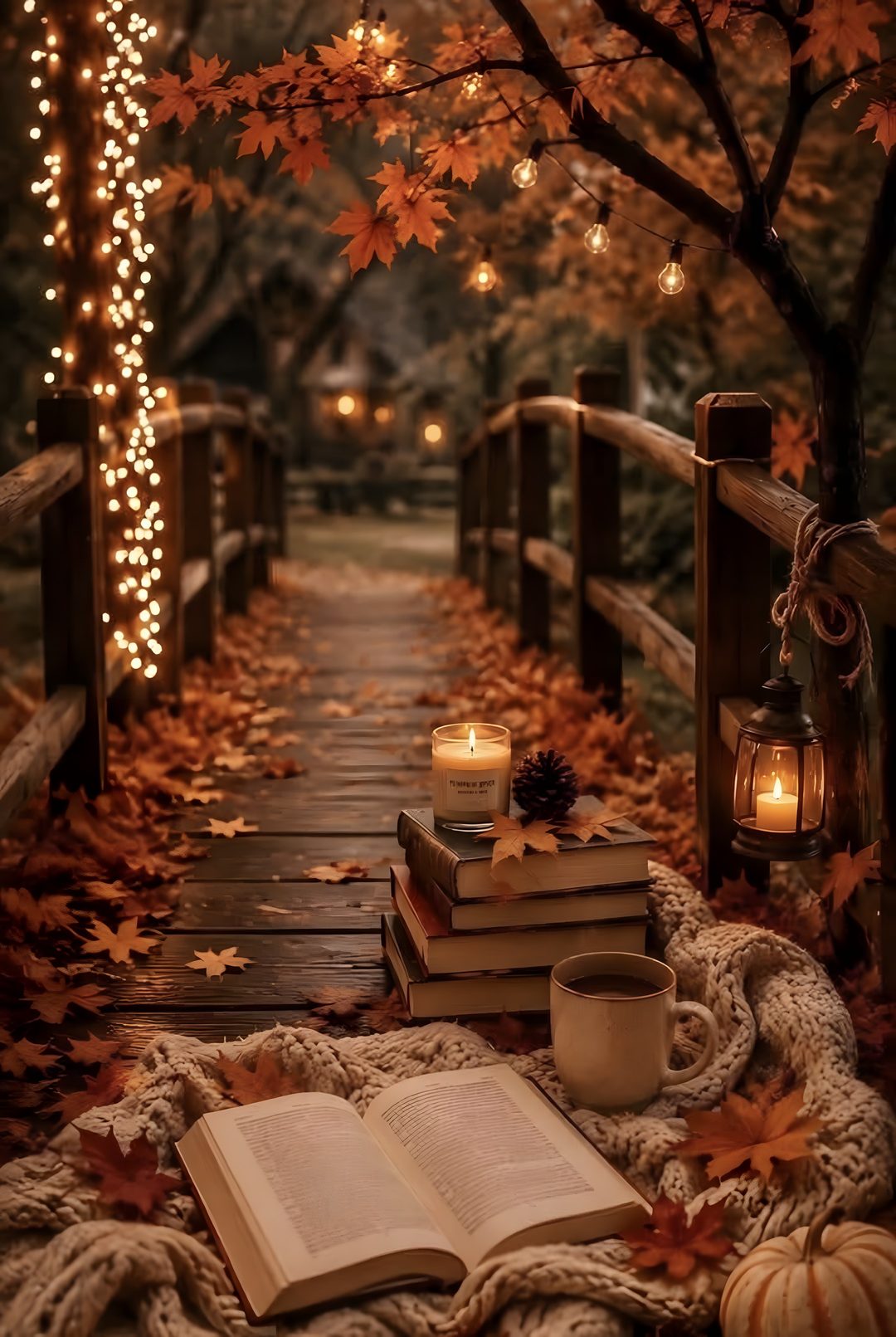 an open book on a blanket next to candles and pumpkins in the fall leaves Fall Halloween Aesthetic Iphone saddle brown